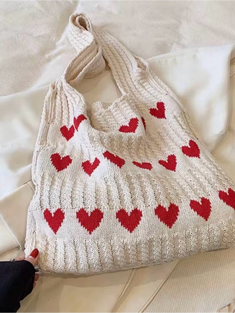 Cream Knit Heart Tote Bag with Red Hearts